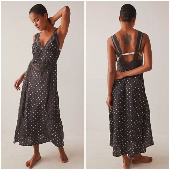 INTIMATELY FREE PEOPLE Bad For You Slip Dress ~ Black Polka Dot Print Lace L NWT - Picture 5 of 16